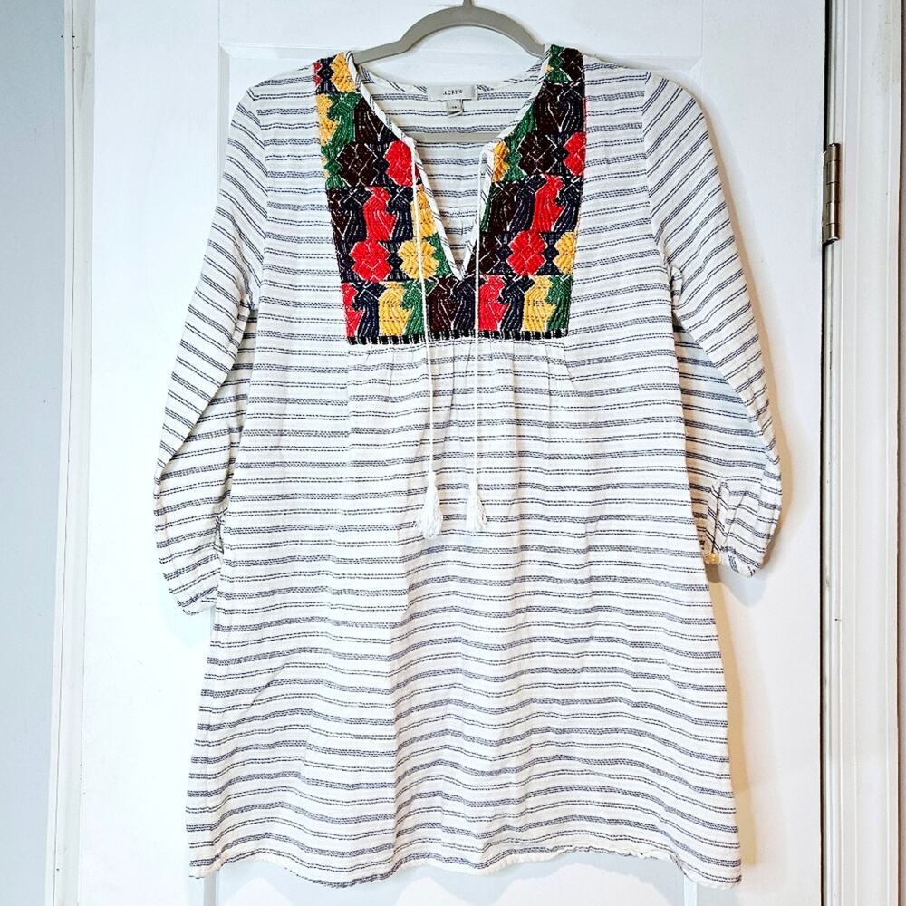 J. Crew Embroidered Boho Stripe Cotton Tunic Dress Tassel Tie XS